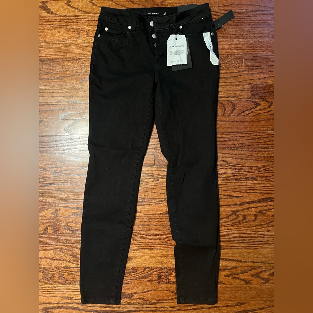 Tahari Amelia Button Fly Black Skinny Jeans Women’s sz 4/27 Rayon Denim